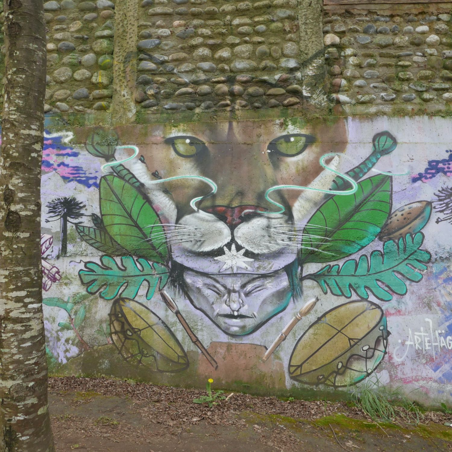 Mural near Trawupeyum Intercultural Village in Curarrehue, Chile. Jennifer Gabrys, 2023.