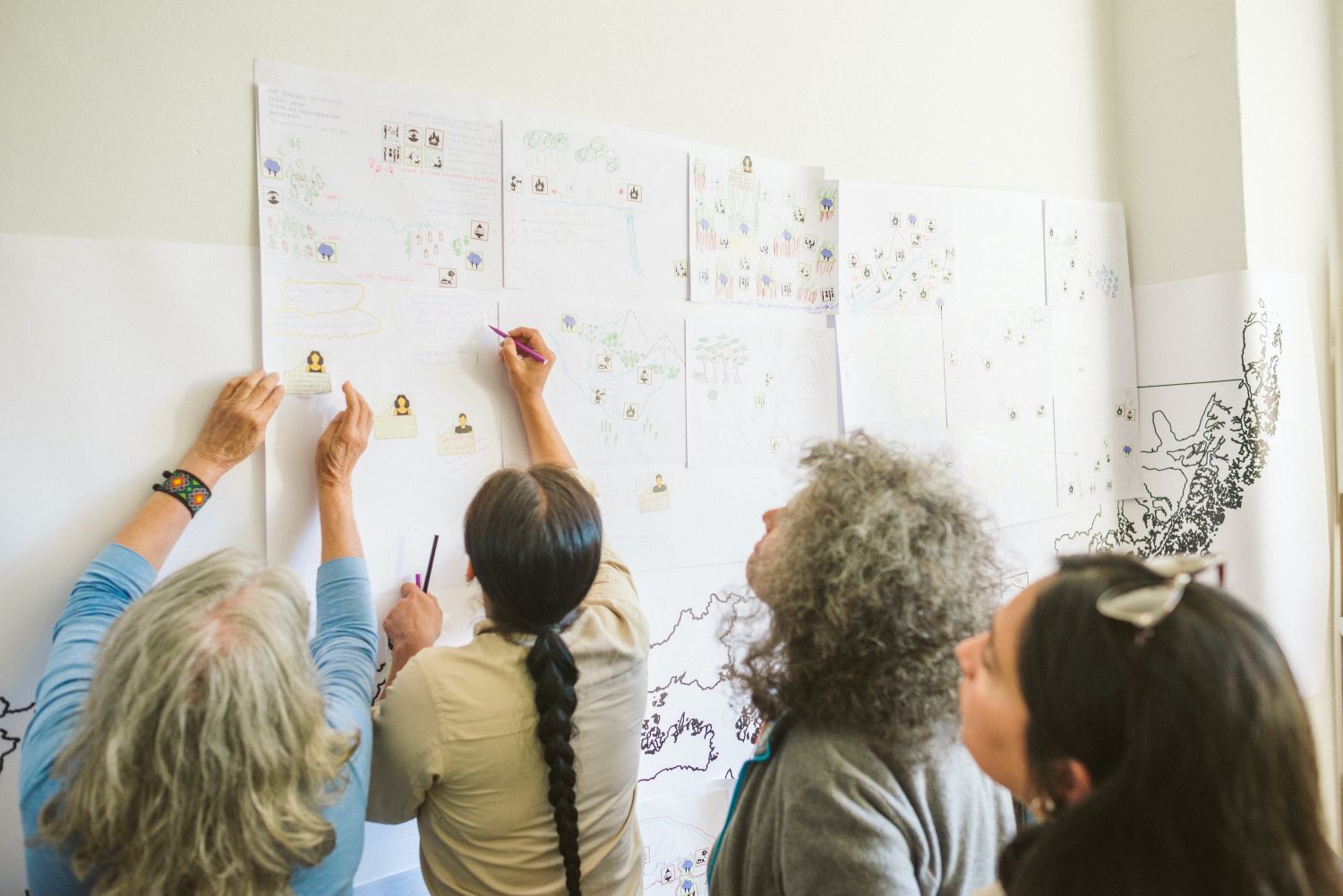 Escuela de campo en Pucón con mapeo comunitario de riesgos y recursos relacionados con incendios. Josefina Astorga para Smart Forests, 2024.