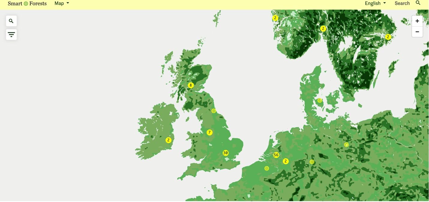 Smart Forests Atlas: Map webpage showing research materials in the UK and EU. Smart Forests with Common Knowledge, 2024.