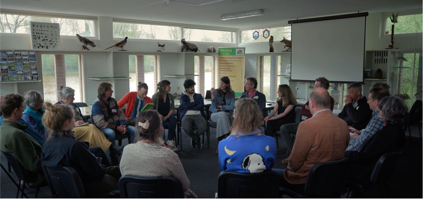 Smart Forests film showing field school participants discussing biodiversity plans and practices at Ecodorp Boekel. The Netherlands. Mind the Film with Smart Forests, 2025.
