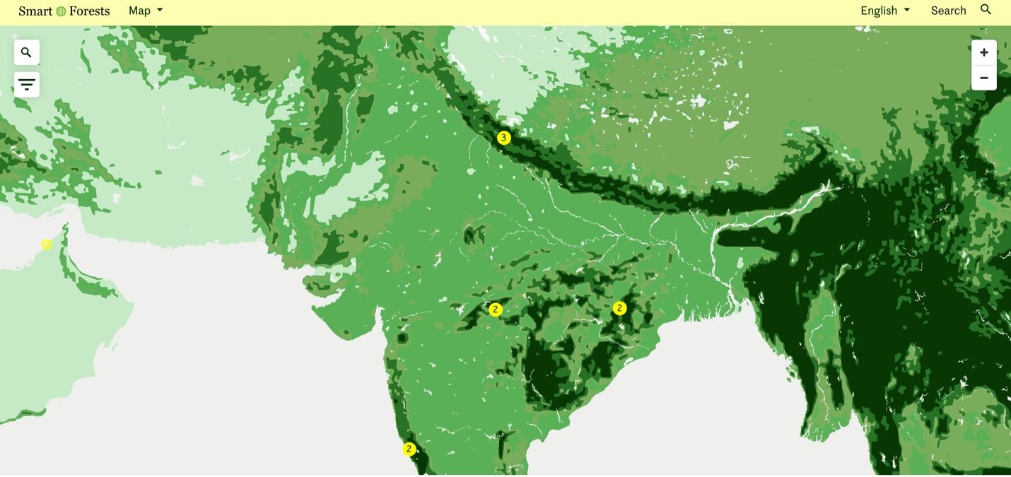 Smart Forests Atlas: Map webpage showing the India case-study materials. Smart Forests with Common Knowledge, 2024.