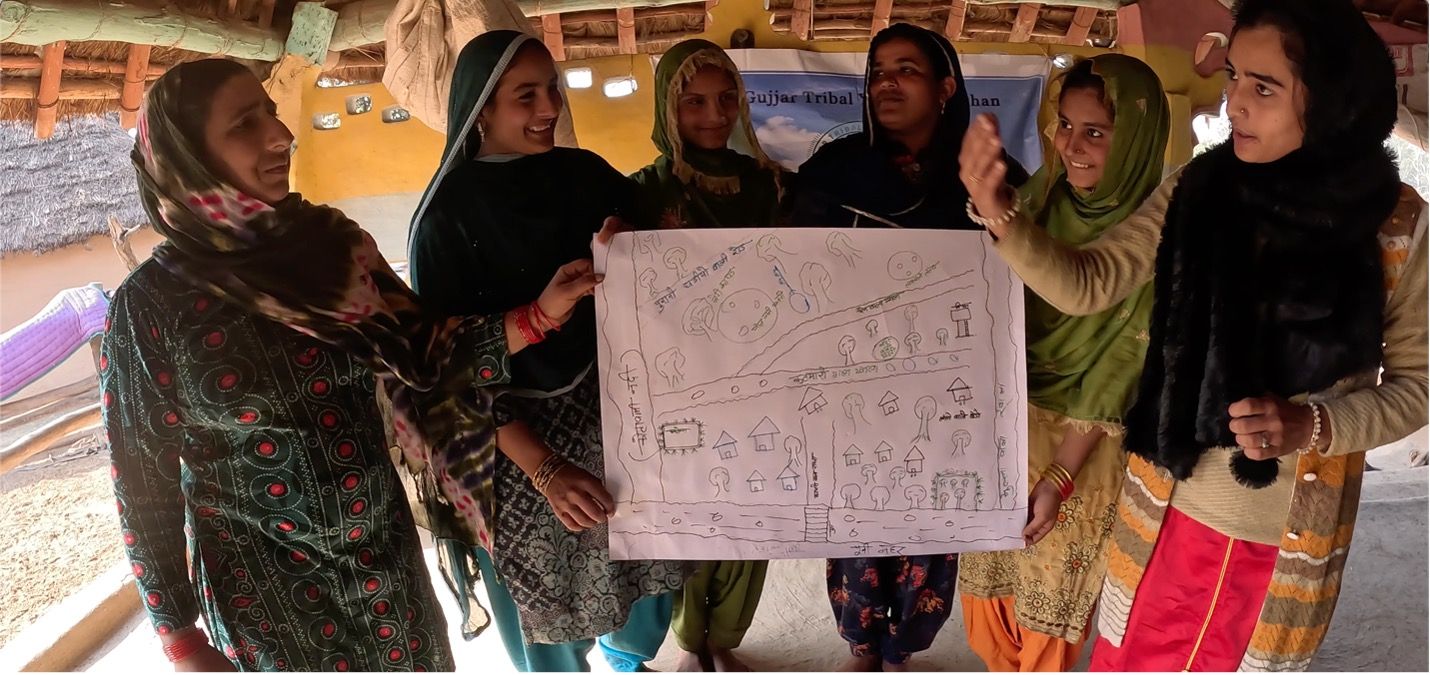 Smart Forests film showing Van Gujjar women engaged in participatory mapping of forest areas. Uttarakhand, India. Mind the Film with Smart Forests, 2025.