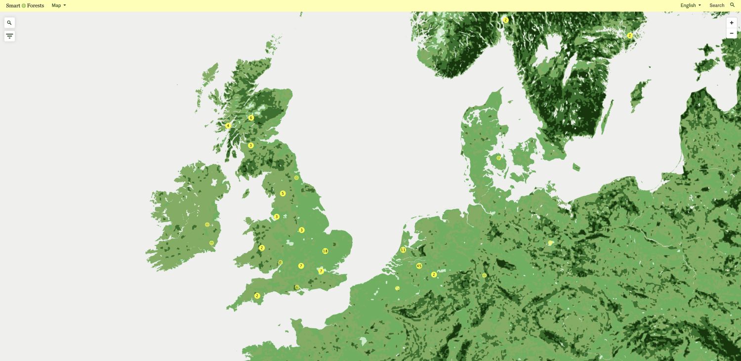 Smart Forests Atlas: Map webpage showing research materials in the UK and EU. Smart Forests with Common Knowledge, 2024.