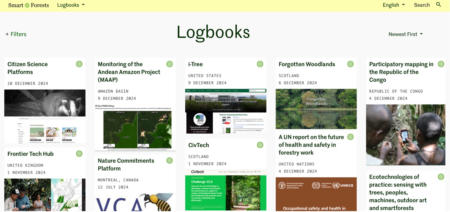 Smart Forests Atlas: captura de pantalla de los bitácoras. Smart Forests junto con Common Knowledge, 2025.